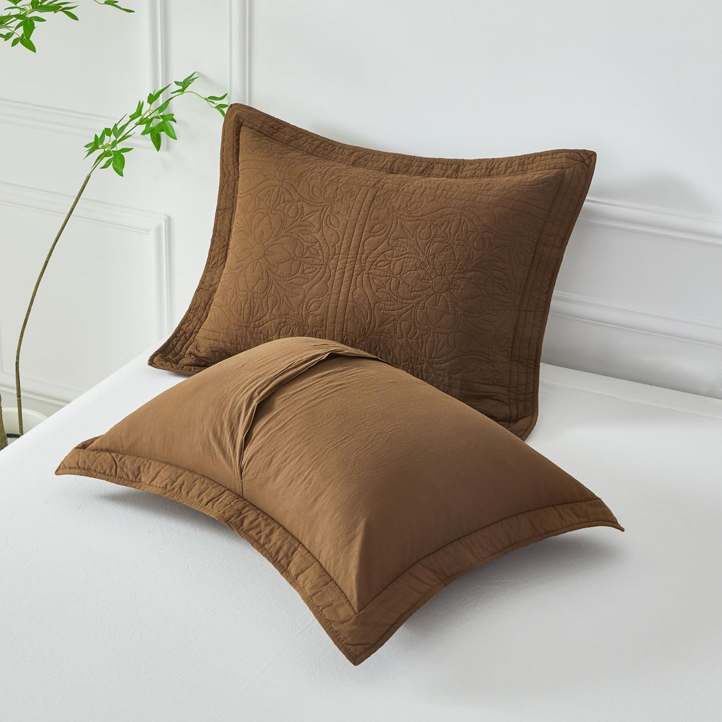 WINLIFE 100% Cotton Quilted Pillow Sham Floral Printed Pillow Cover Set of 2 (Standard Size, Coffee)