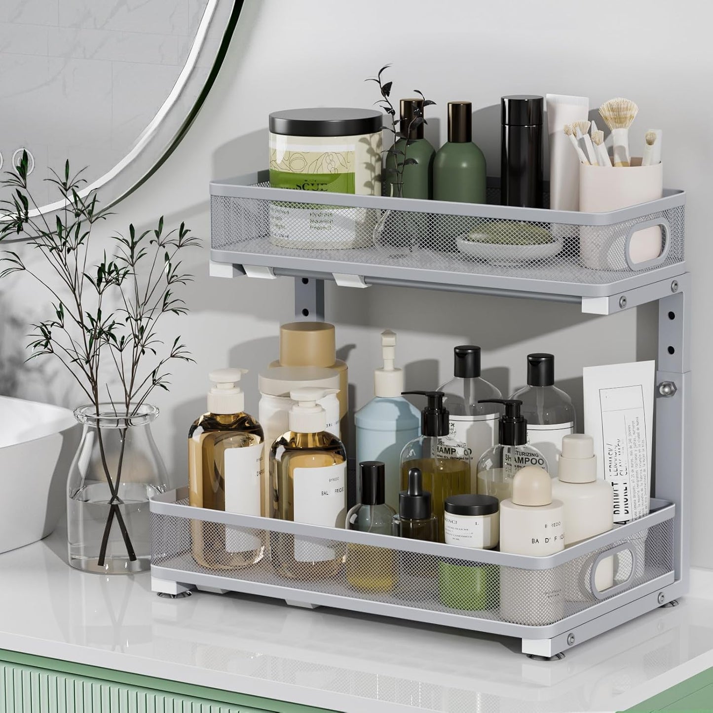 Under Sink Organizer - Adjustable 2-Tier Storage Solution | 2-Pack Metal Pull-Out Drawers for Kitchen & Bathroom
