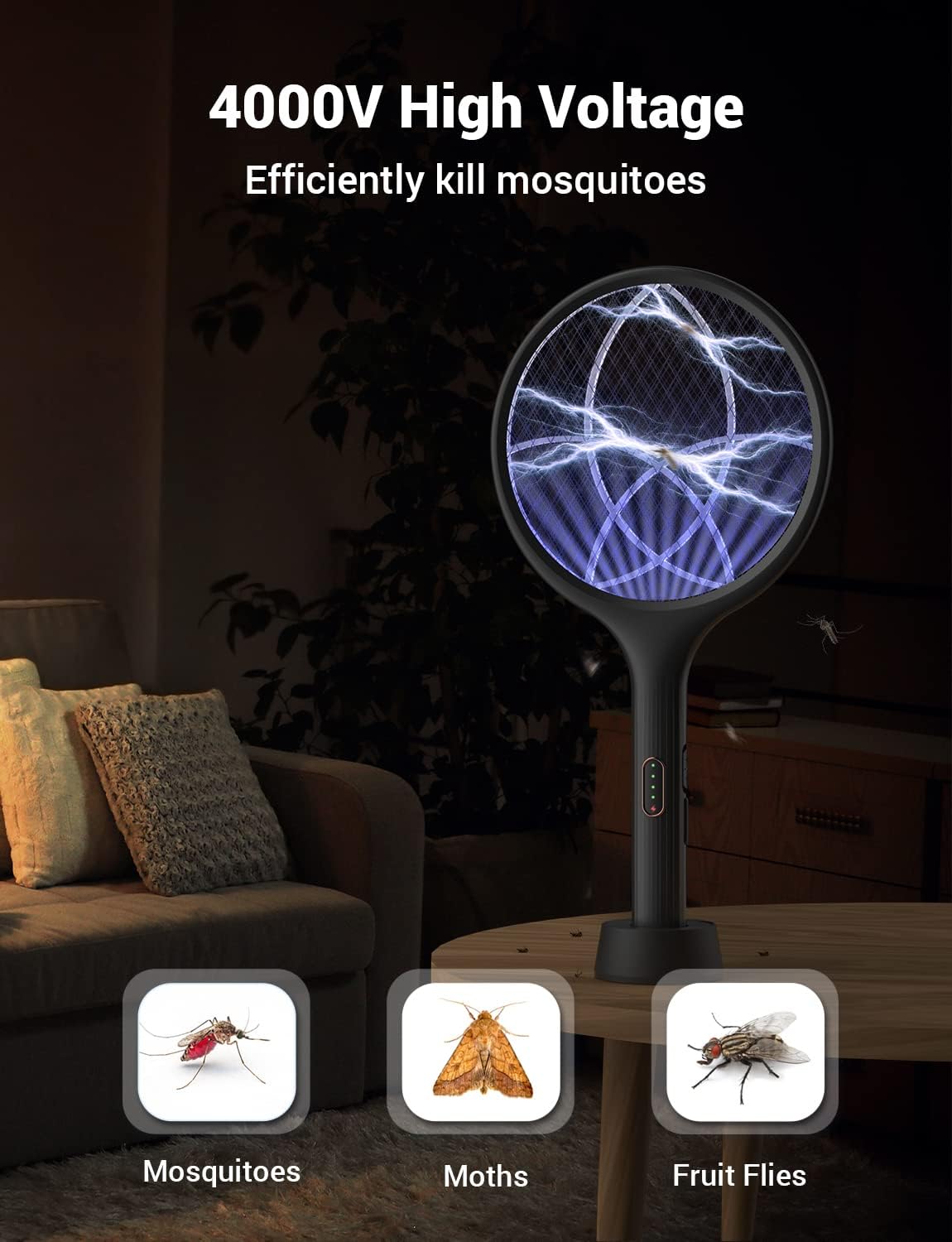 YISSVIC Electric Fly Swatter - 4000V Bug Zapper Racket with Dual Modes & Rechargeable Purple Light | Black, 1 Pack