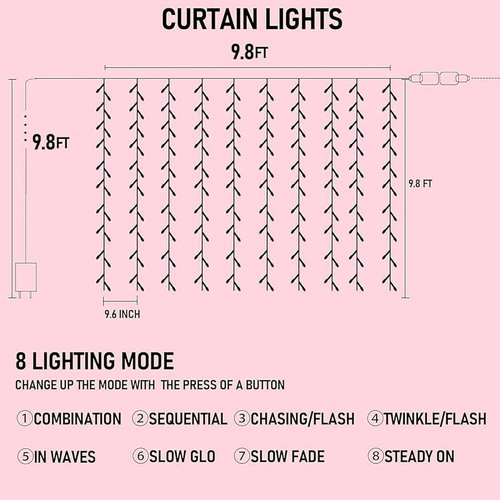 Dazzle Bright 300 LED Curtain String Lights - Pink Fairy Lights with 8 Modes | Waterproof for Weddings & Decor