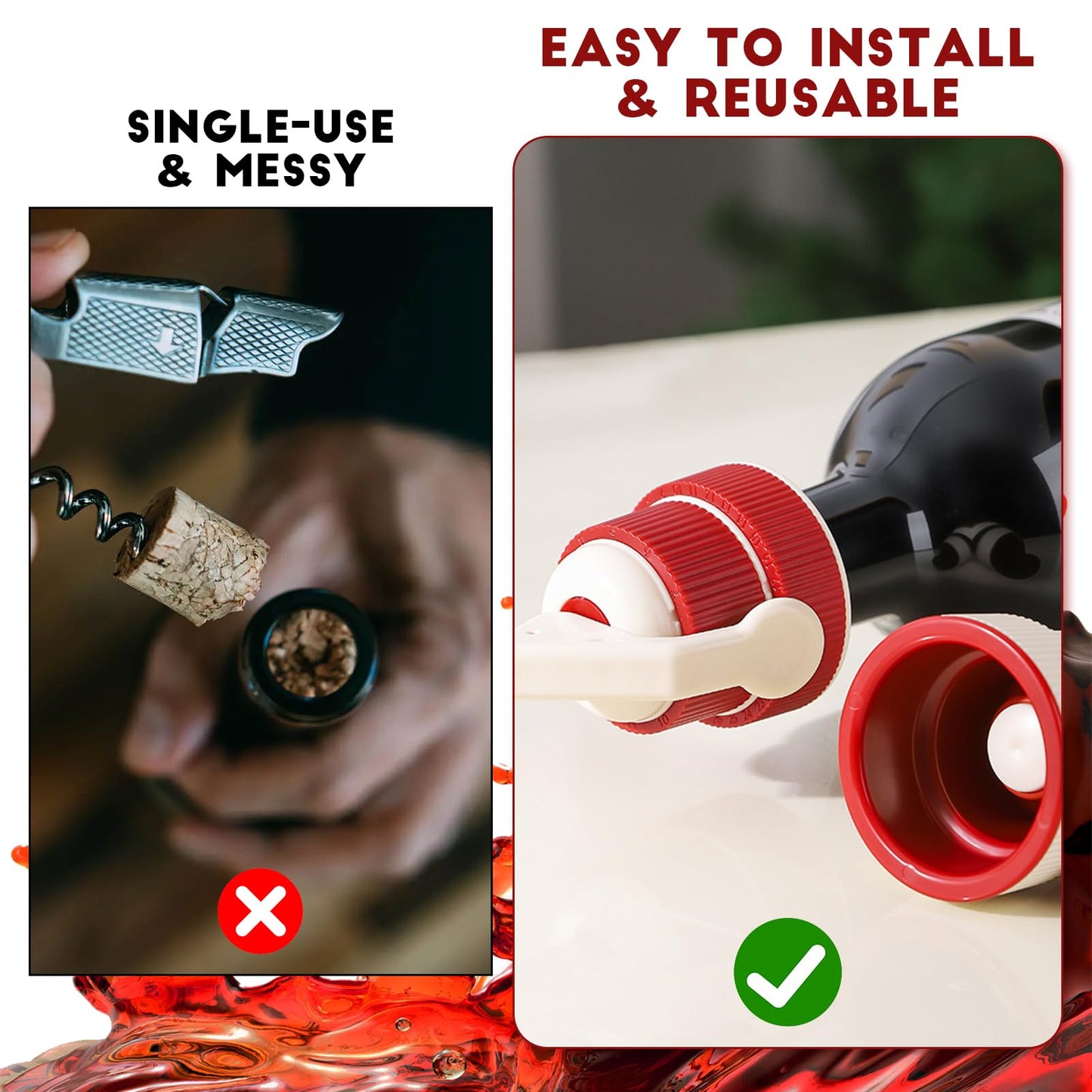 Vacuum Wine Stopper with Date Marker, Lever-Lock Wine Saver, 100% Leak-Proof Airtight Seal for Horizontal Fridge Storage, Reusable Wine Bottle Topper Gift for Wine Lovers (Red)