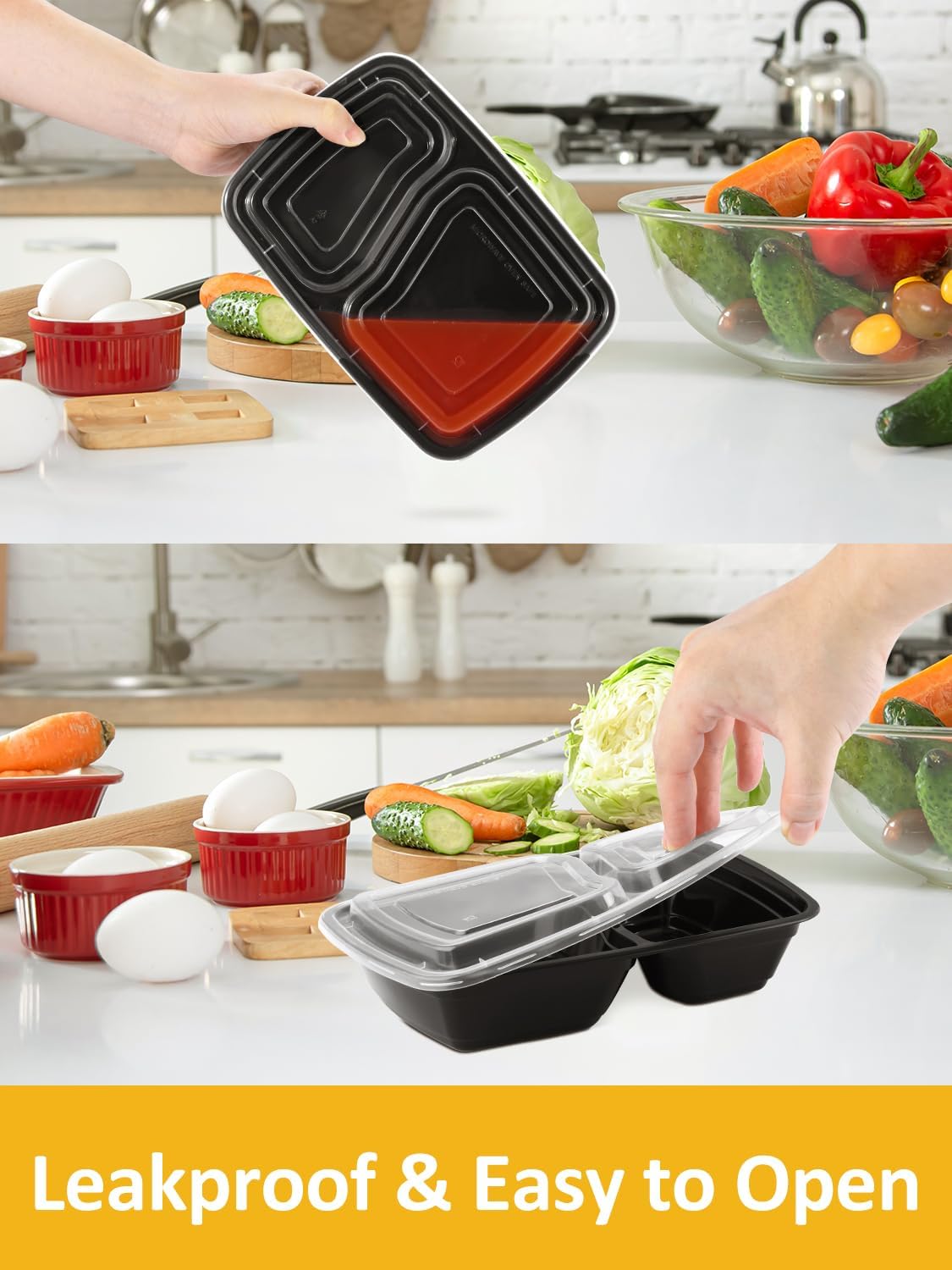 NEEBAKE 32oz Meal Prep Containers - 60 Sets of 2-Compartment Plastic Food Storage with Lids