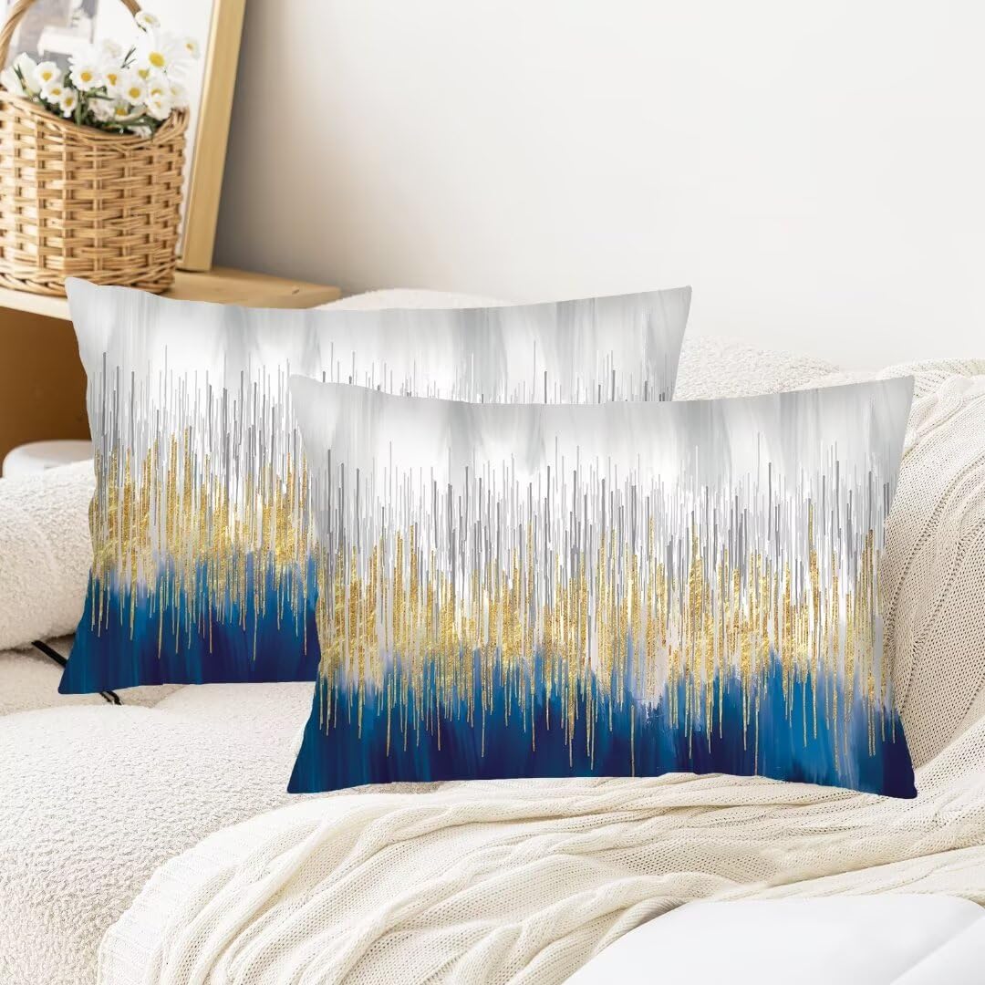 Blue Grey and Gold Art Painting Throw Pillow Cover Queen Size Set of 2,Abstract Lumbar Pillow Case Decorative Standard Pillow Cases with Zipper Modern Style Cushion Covers for Bed,Sofa,Couch,20"x30"