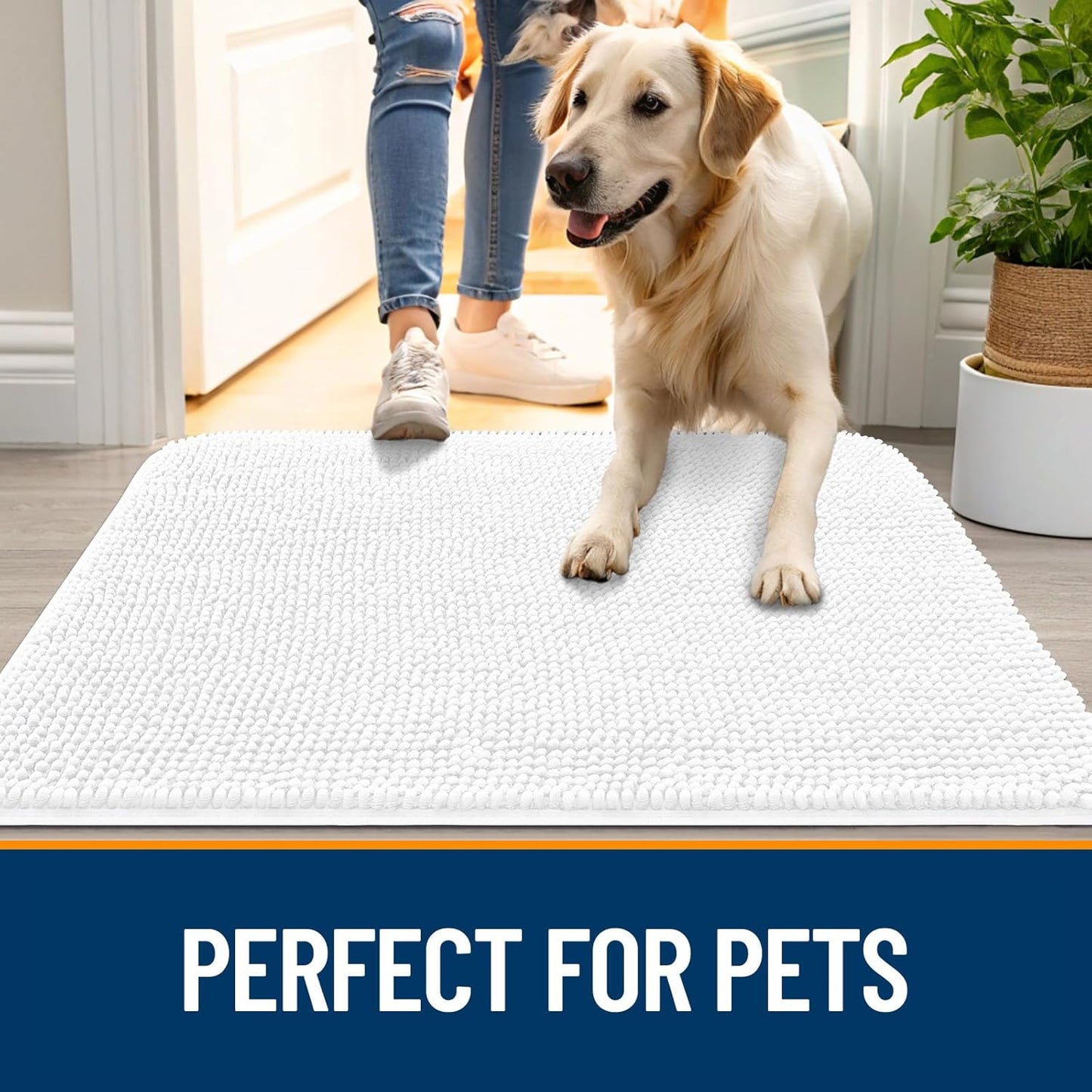 OLANLY Dog Door Mat - Absorbent Non-Slip Chenille Mat for Muddy Paws | 45x27 Inches, Quick Dry, White