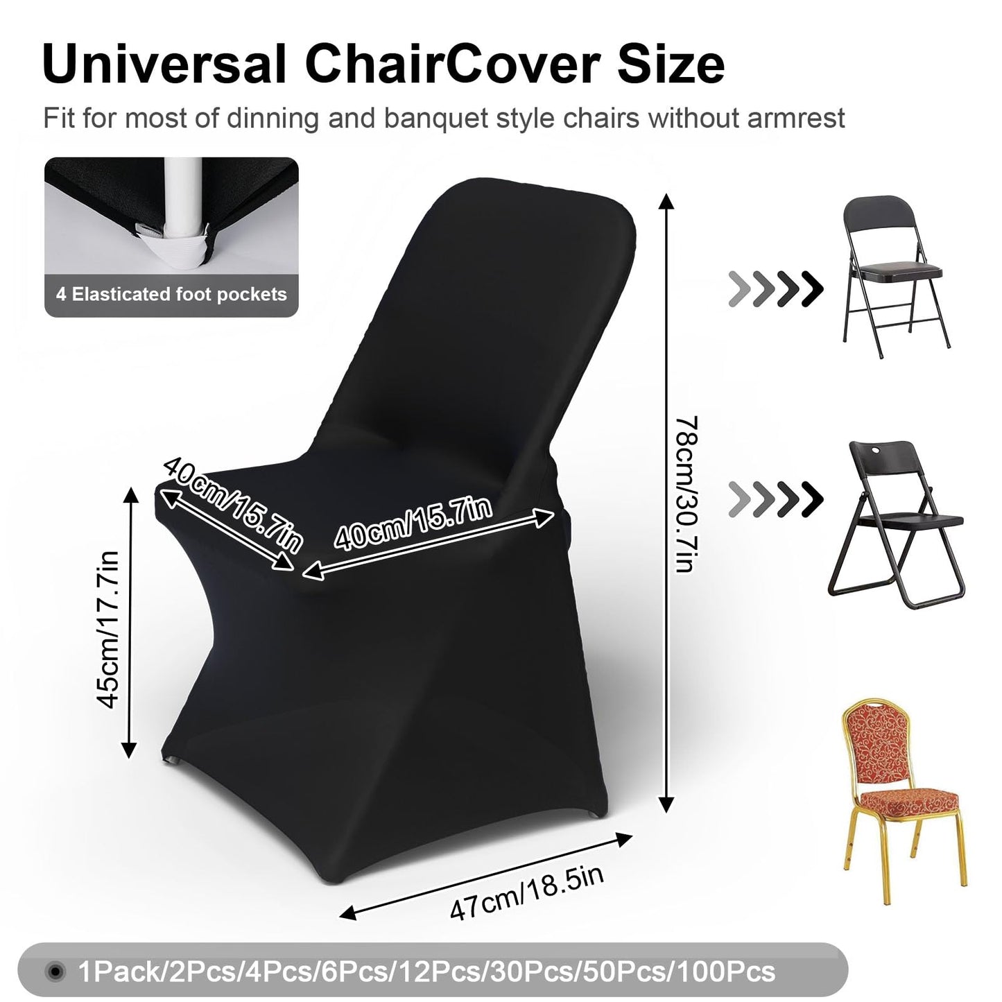 Trlyc Spandex Folding Chair Covers 100 Pcs Universal Fitted Dining Chair Cover Stretchy Slipcovers for Wedding Party Banquet Flat-Front Chairs Covers (White)