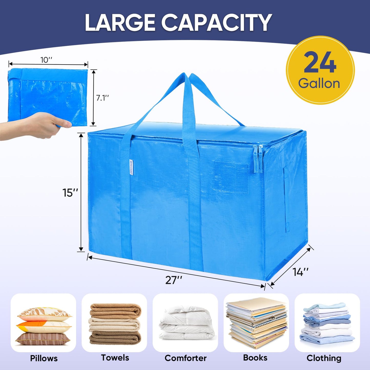 TICONN 2 Pack Extra Large Moving Bags Heavy Duty with Zippers & Carrying Handles, Durable Storage Bags Moving Boxes for Closet Organizers and Storage (2 Pack, Sky Blue)