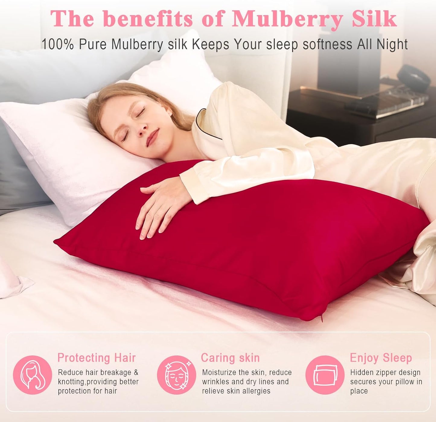 Skiennix 100% Pure Silk Pillowcase 2-Pack - Luxurious 23 Momme Mulberry Silk for Hair & Skin | Red, Standard 20x26