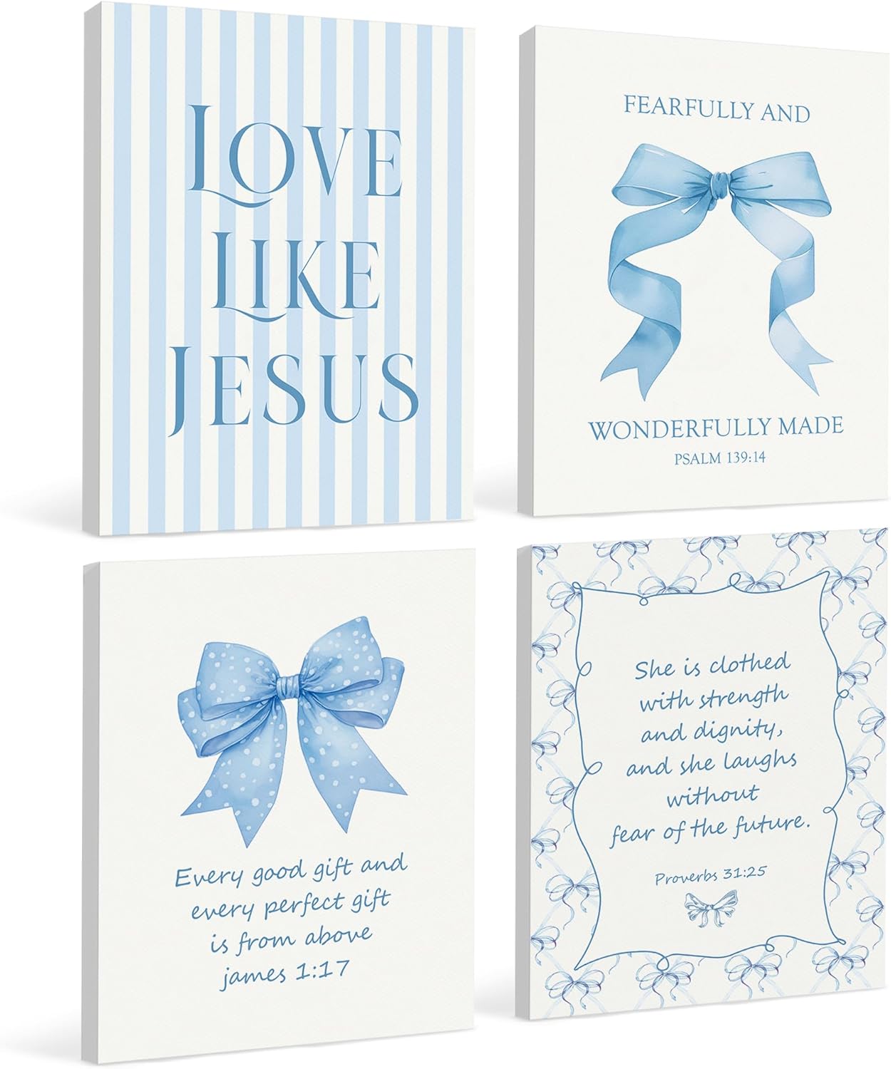 LARTSFRO Coquette Blue Bow Canvas Wall Art - Inspirational Bible Verse Decor | Set of 4, 11x14 Inch