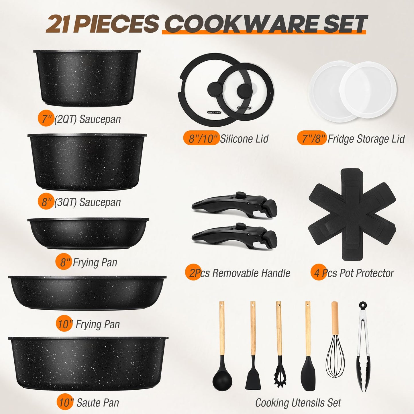 UMETRE pots and Pans Set, Nonstick Cookware Set Detachable Handle, Induction Kitchen Cookware Sets with Removable Handle, Non Stick RV Cookware Set, Dishwasher ＆ Oven Safe (21 PCS)