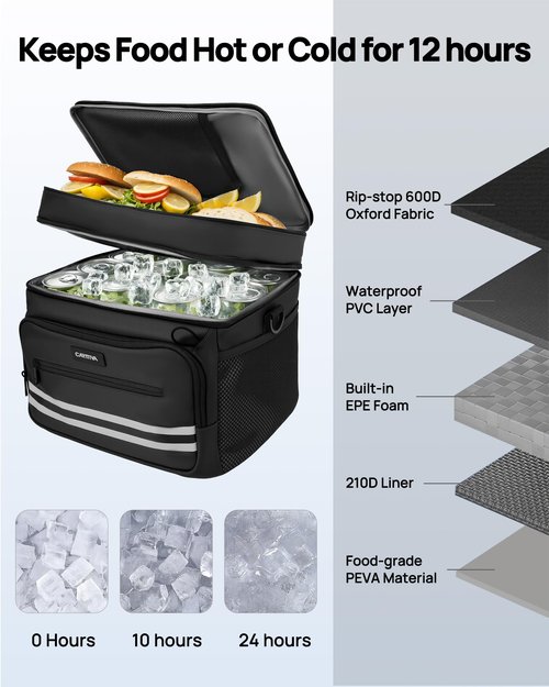 Carttiya Insulated Lunch Box for Men & Women - 26L X Large Lunch Bag, Leak-Proof Cooler Lunch Bag, Adjustable Strap, Ideal for Work, Picnic, Travel 14.6"×11.5"×9.5" (Black)