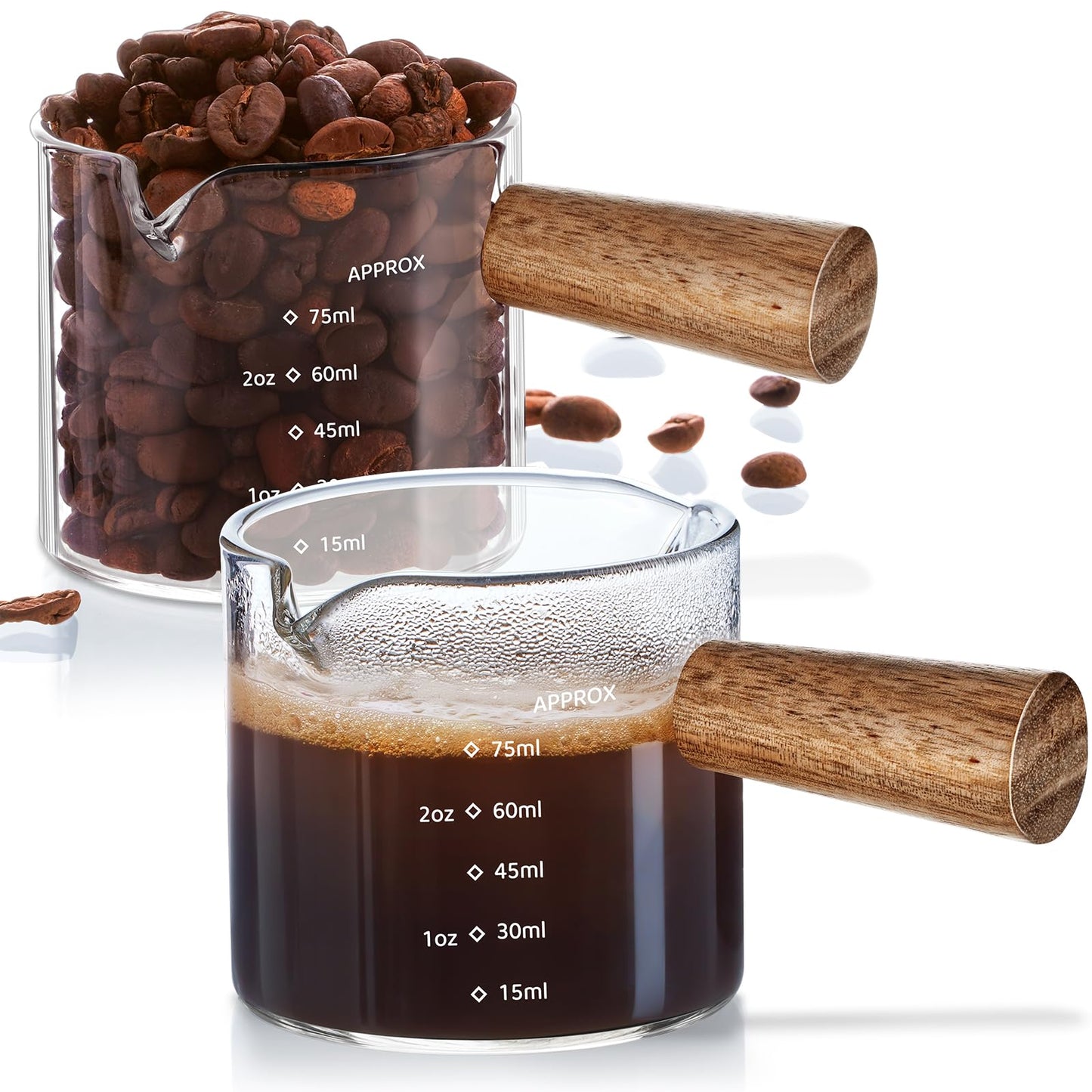 QWACVRTM 2 Pack Espresso Shot Cups Measuring cups, Wooden Handle V-Shaped Double Spout Espresso Shot Glass, Coffee Bar Essentials, coffee accessories