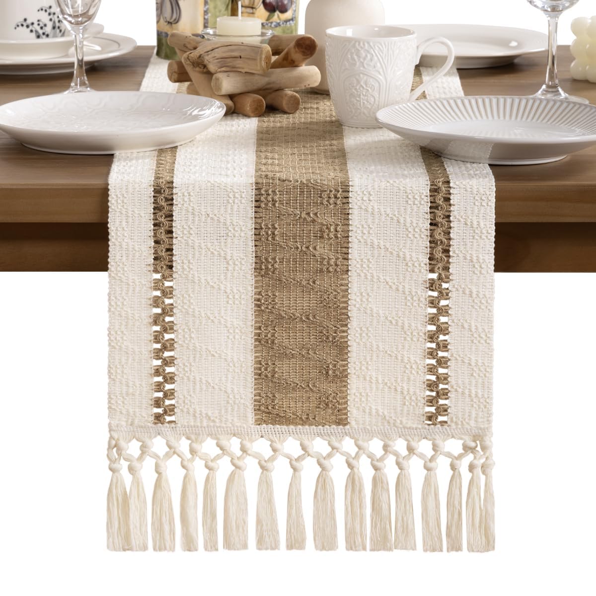 MLMW Boho Table Runner 48 inches Small Coffee Table Runner Rustic Burlap Macrame Jute Woven Table Decor Short Dresser Runners for Bedroom Living Room Home Decor