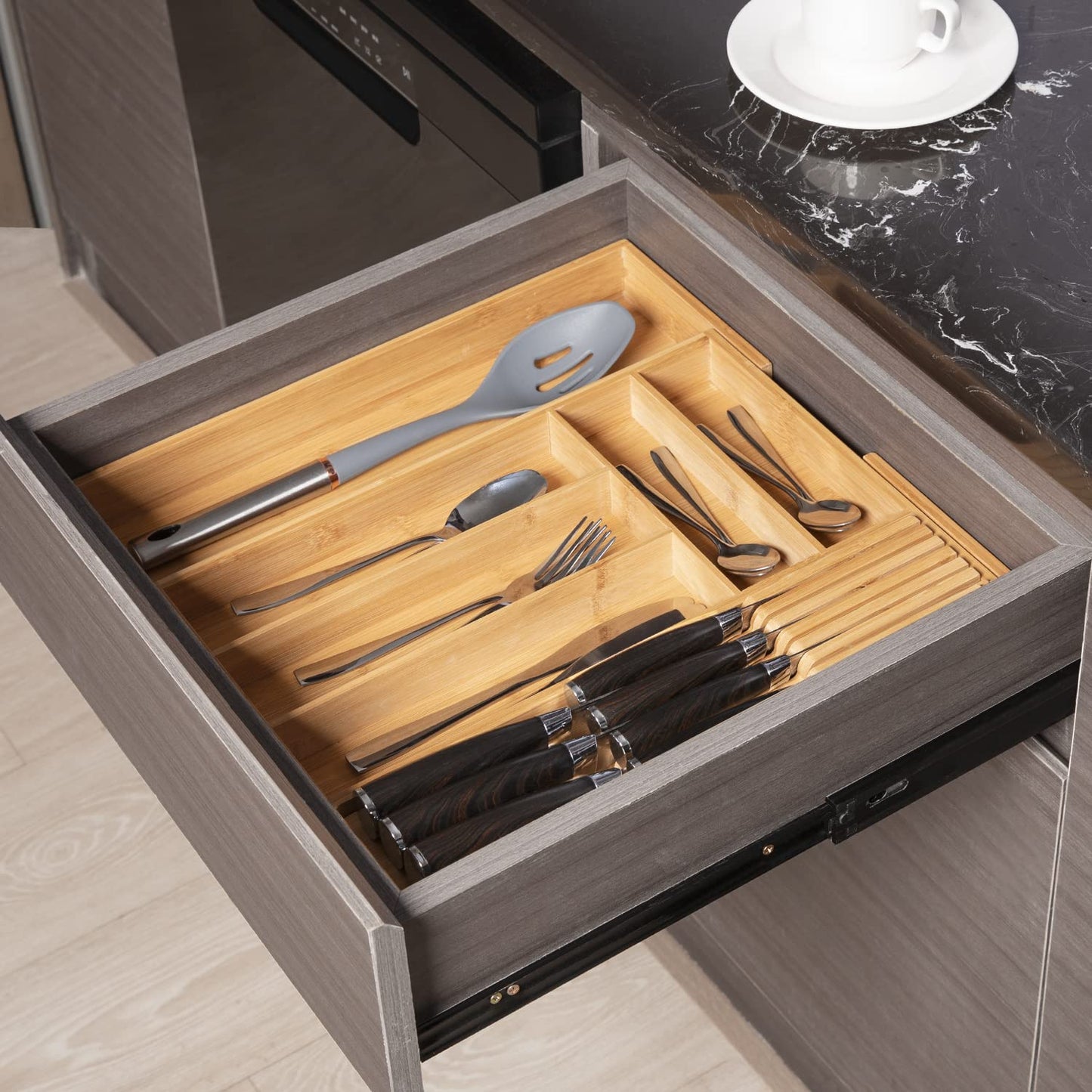 TIOPGHAD Bamboo-Silverware-Drawer-Organizer-Kitchen, Expandable Utensil Holder Cutlery Tray Flatware Organization Adjustable Wood Tableware Dividers Storage (with Removable Knife Block)(Natural)