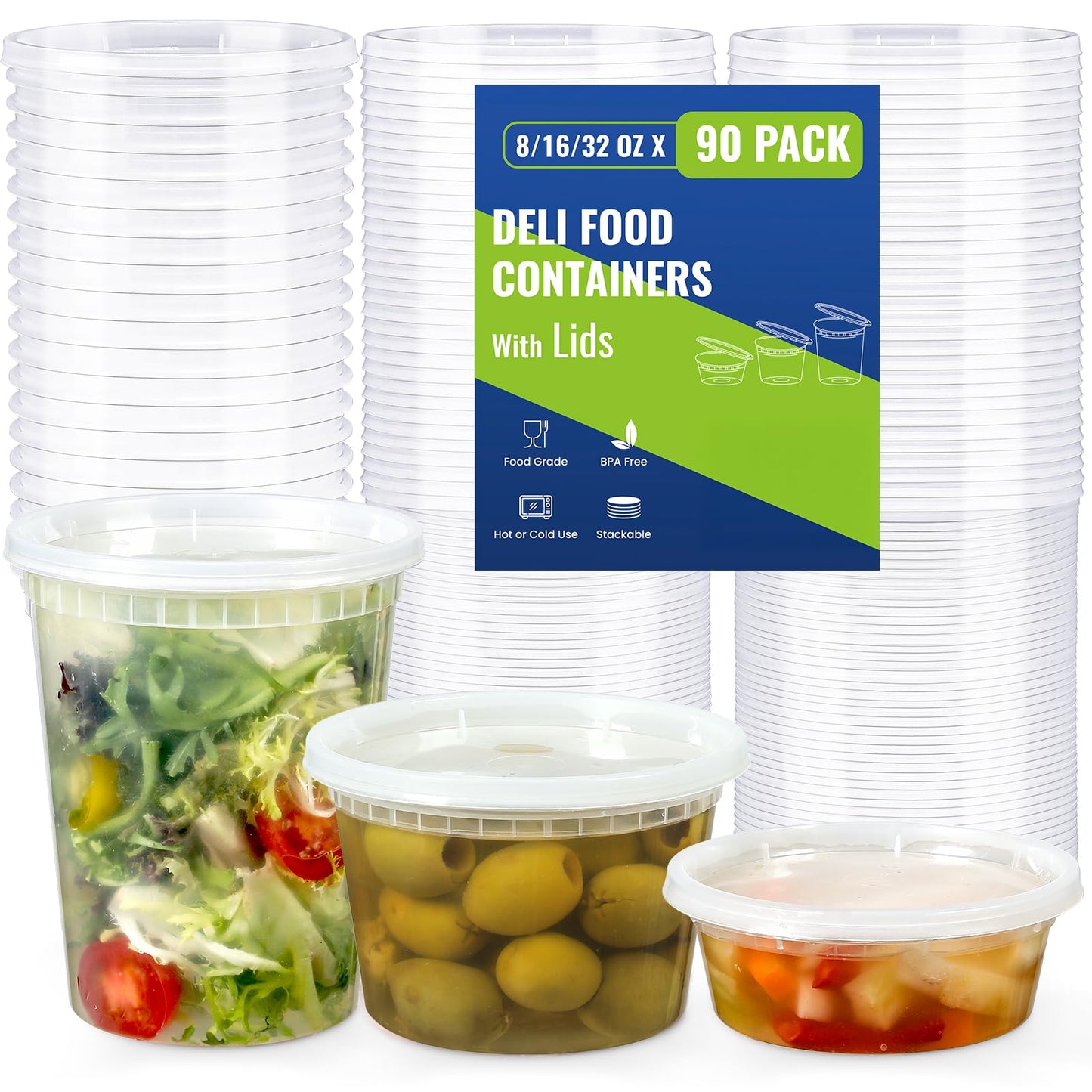90 Sets Plastic Deli Containers With Lids, Assorted Sizes (8 oz 16oz 32oz) Variety pack, Airtight Food Storage Containers, Freezer/Dishwasher/Microwave Safe, Soup Containers For Takeout Food Storage