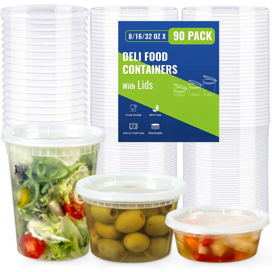 90 Sets Plastic Deli Containers With Lids, Assorted Sizes (8 oz 16oz 32oz) Variety pack, Airtight Food Storage Containers, Freezer/Dishwasher/Microwave Safe, Soup Containers For Takeout Food Storage