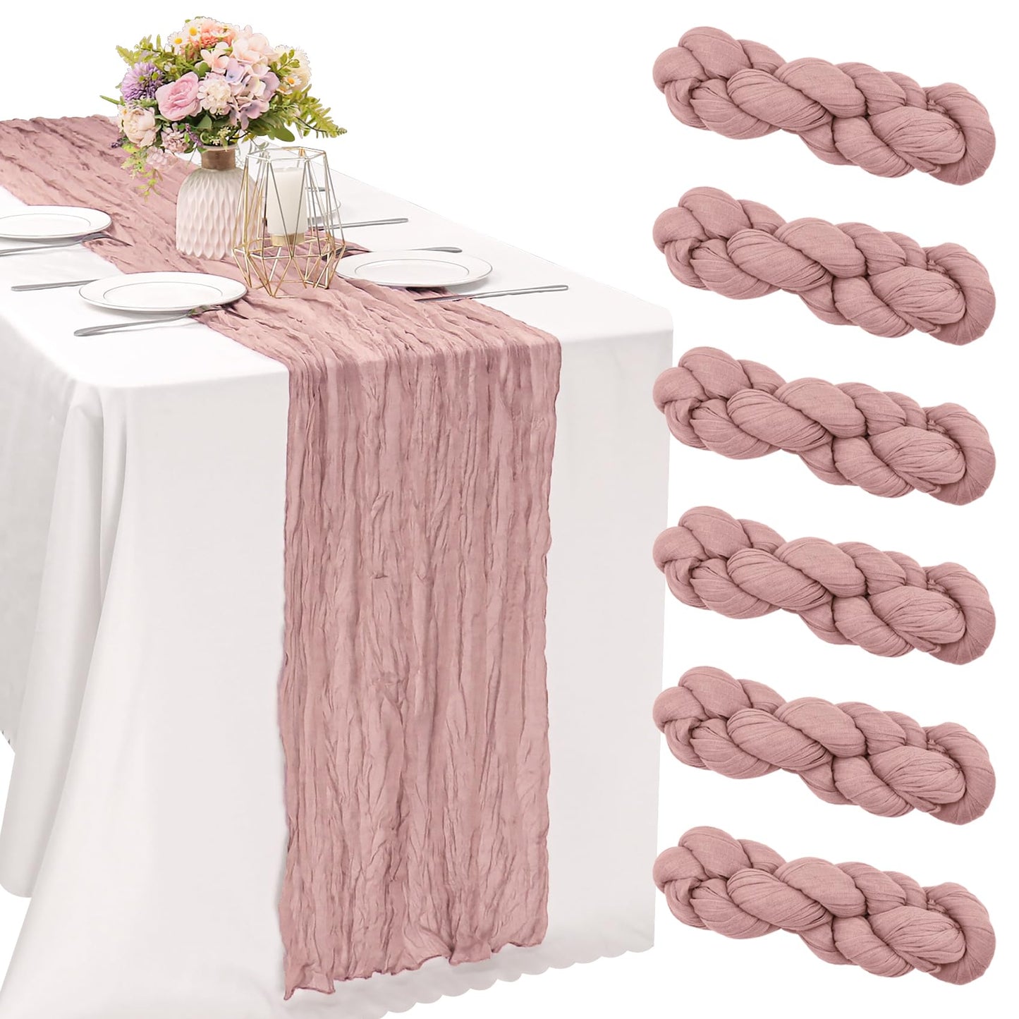 6 Pieces Dusty Pink Easter Spring 10FT Cheesecloth Table Runner Boho Gauze Fabric Table Runner Rustic Sheer Runner for Wedding Birthday Baby Shower Party Boho Table Decoration（Dusty Pink）