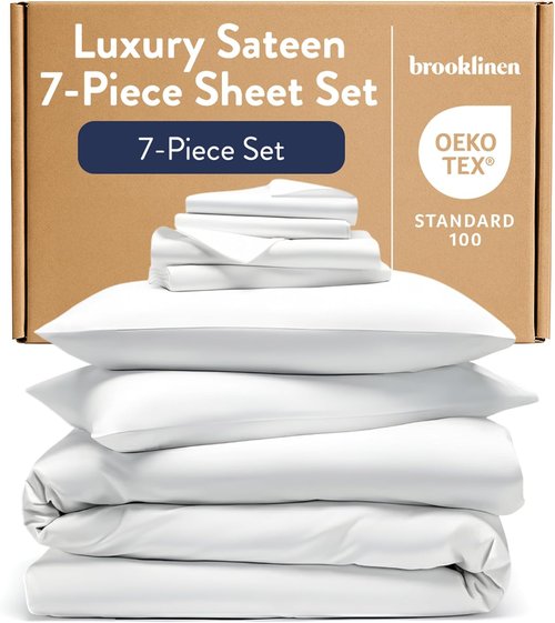 Brooklinen Luxury Sateen Sheet Set - 7-Piece 100% Cotton Bedding for Ultimate Comfort | King Size - White