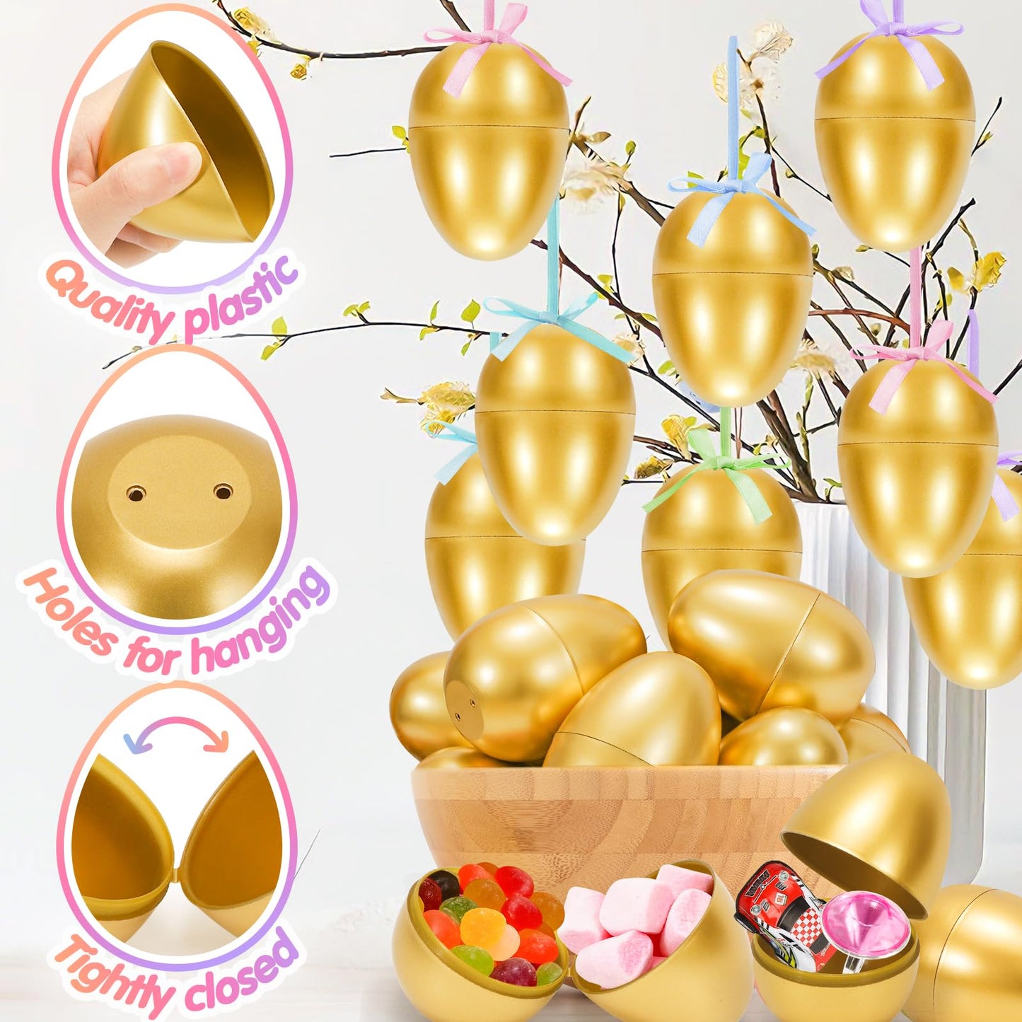 SevenQ Easter Eggs Fillers with Bunny Hair Clips Colorful 24 Pack, Easter Basket Stuffers Party Favors Gift Bags for Kids Cute Stuff Plush Fidget Toys Classroom Treasure Box Egg Hunt Games Supplies