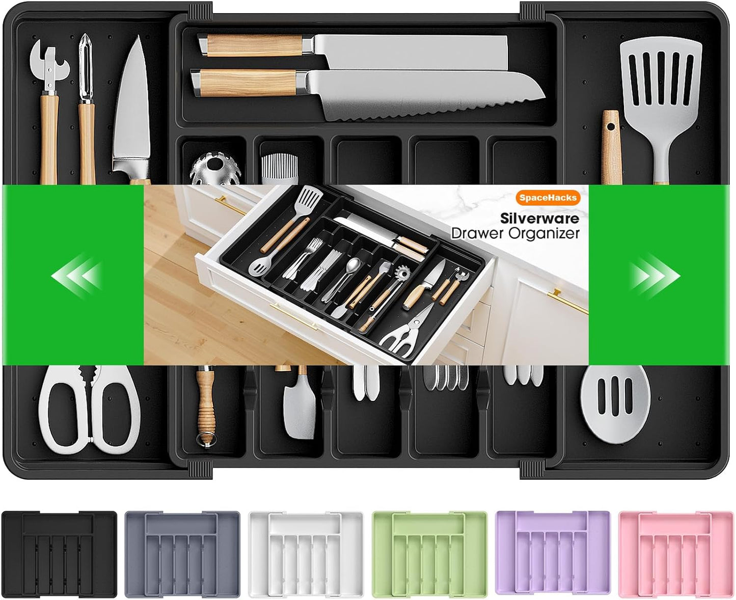 SpaceHacks Silverware Organizer - Adjustable & Expandable Utensil Drawer Holder | BPA-Free Cutlery Tray, Large Black