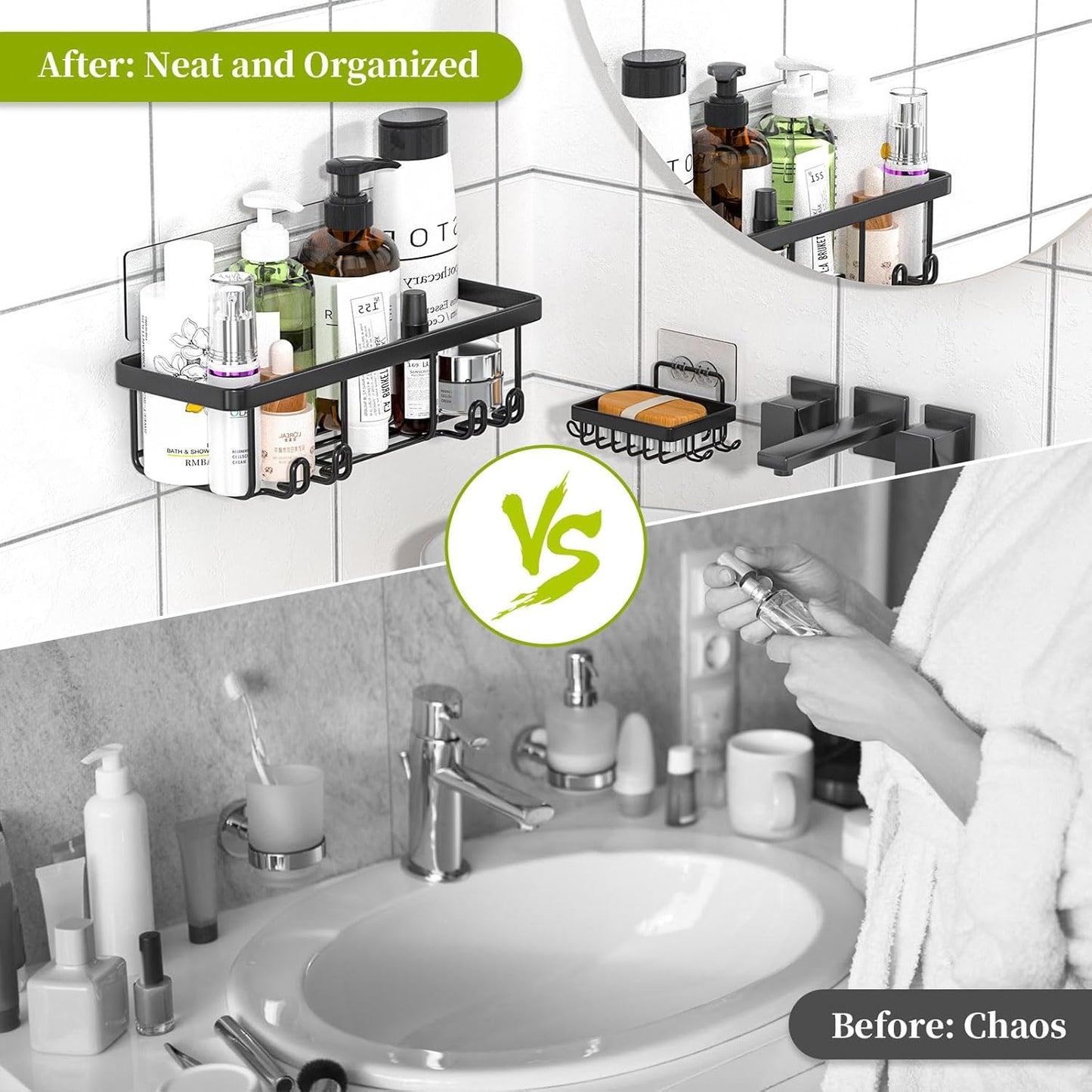 Skiennix Adhesive Shower Caddy - Rustproof Stainless Steel Bathroom Organizer | 5 Pack, Large Capacity, No Drilling, Black