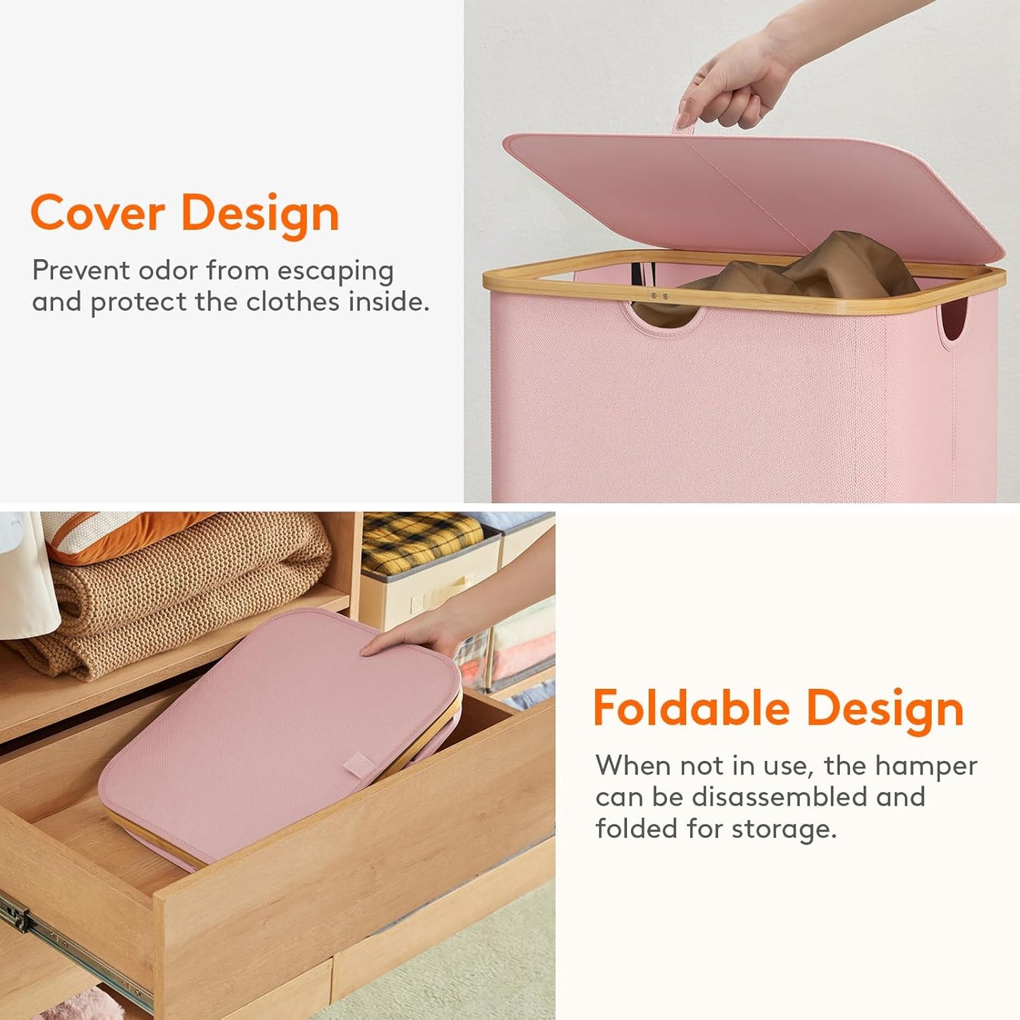 Lifewit 150L Laundry Basket - Foldable Hamper with Lid & Bamboo Handles | Pink, Large Capacity