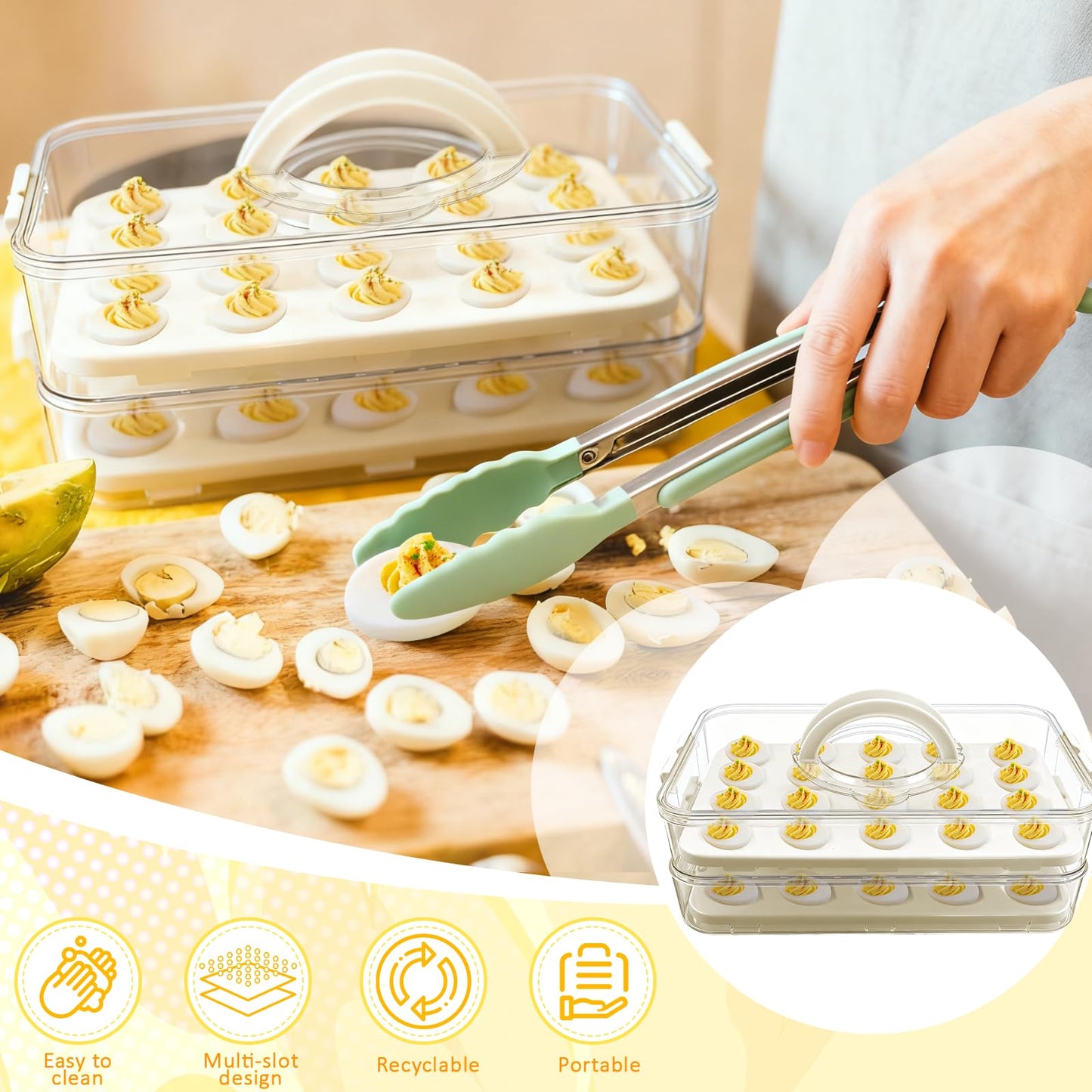 Lignumix Deviled Egg Containers with Lid & Handle (2 Layer Snap-on) PET Thickened Eggs Holder Inc Egg Slicer Kitchen Tongs Silicone Spatula and Piping Decorating Kit,for Festival Party Brunch