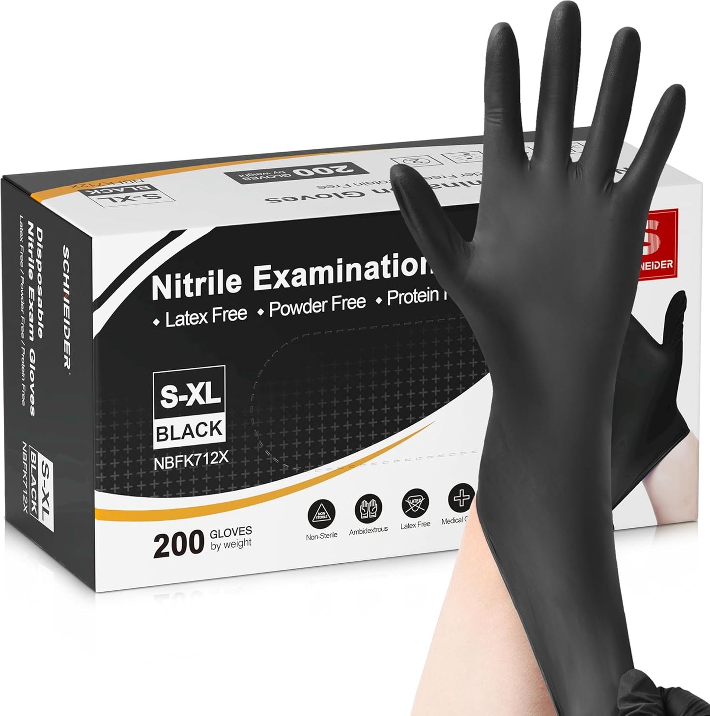 Schneider Nitrile Exam Gloves - 4 Mil Black Disposable, Latex-Free & Powder-Free for Food Safety