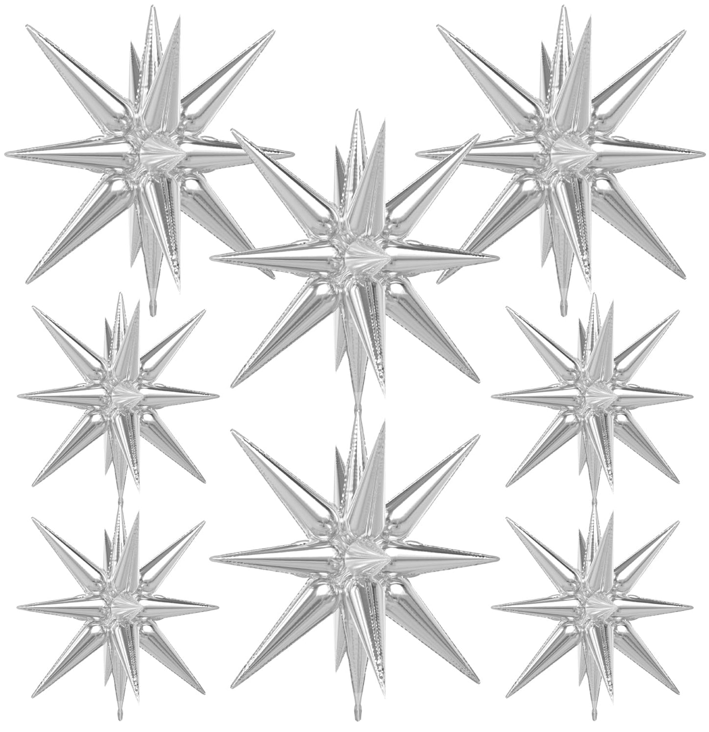 Adeyoo Silver Star Balloons,8Pcs Foil Balloons Explosion Star Balloon One-Piece 14-Pointed Spike Cone Mylar Balloon for Graduation Birthday Wedding Bachelorette Disco Party Decorations