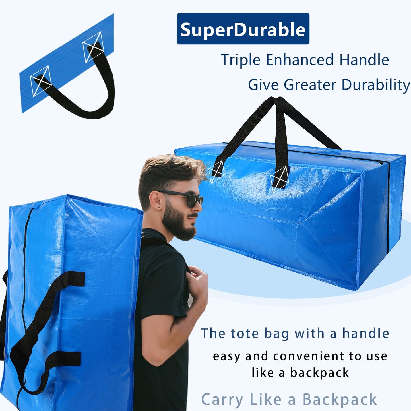 4 Pack Heavy Duty Extra Large Moving Bags - Strong Handles& Backpack Straps - Blue Storage Bags Alternative to Moving Boxes Bins, Packing bag Compatible with Ikea Frakta Cart