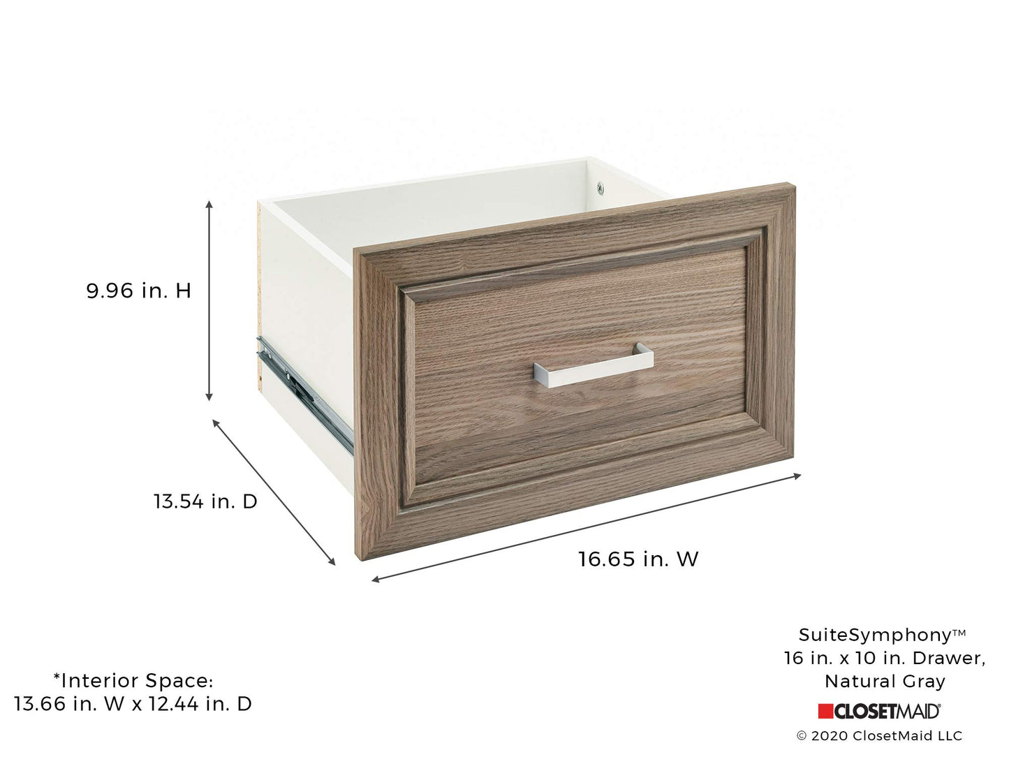 ClosetMaid SuiteSymphony Wood Closet Drawer, Add On Accessory, Shaker Style, For Storage, Closet, Clothes, 16” x 10” Size for 16 in. Units, Natural Gray