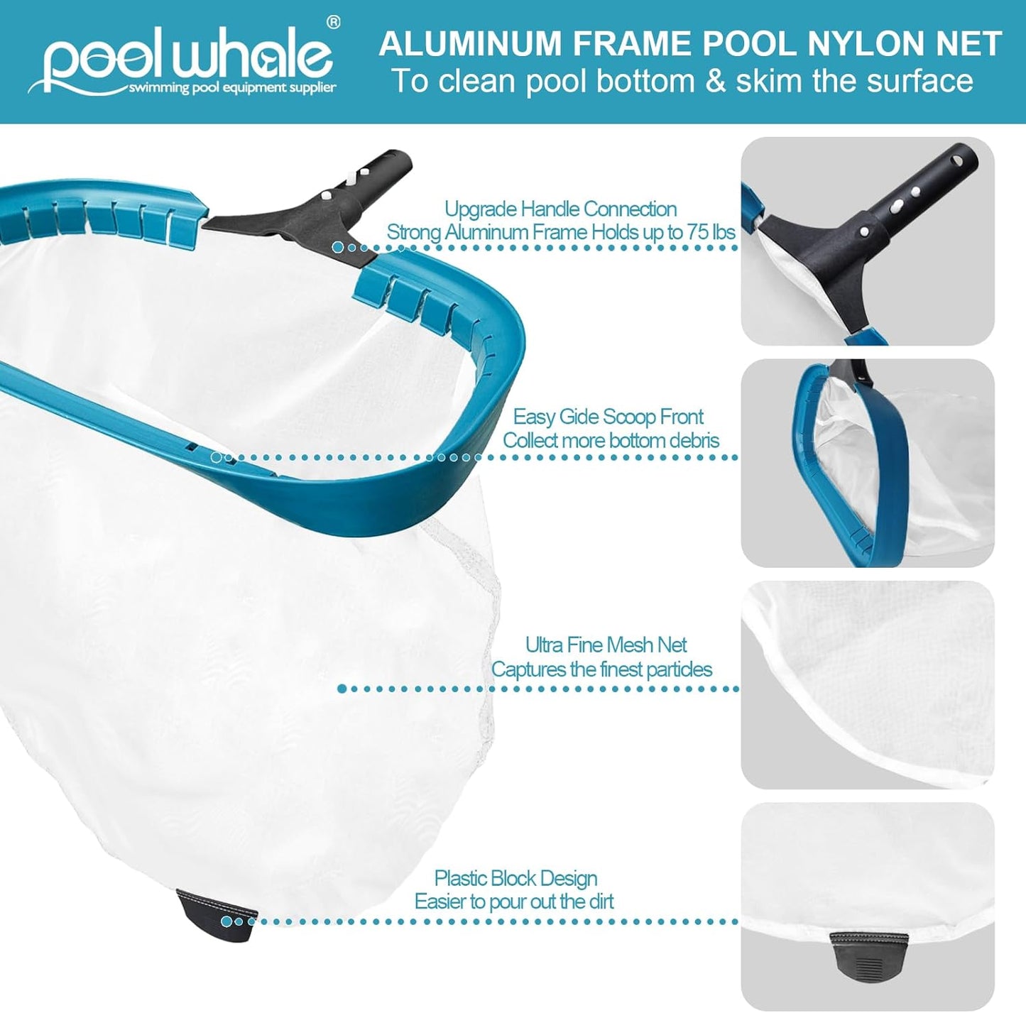 POOLWHALE Pool Net - Professional 20" Leaf Skimmer Rake with Aluminum Frame & Ultra Fine Mesh Bag