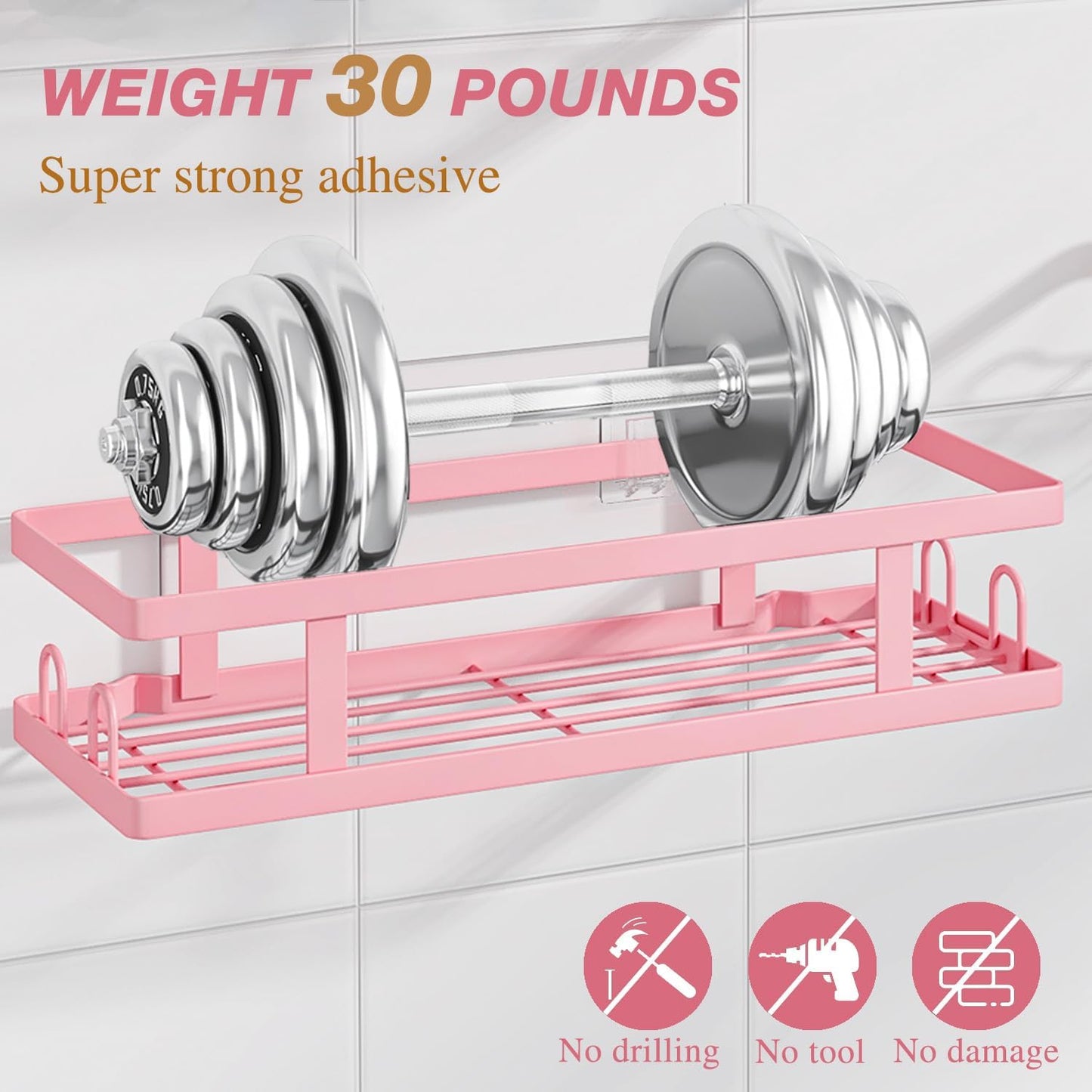 Youvip Adhesive Shower Caddy - No Drilling Bathroom Organizer with Soap Holder & 12 Hooks | Pink, 3 Pack