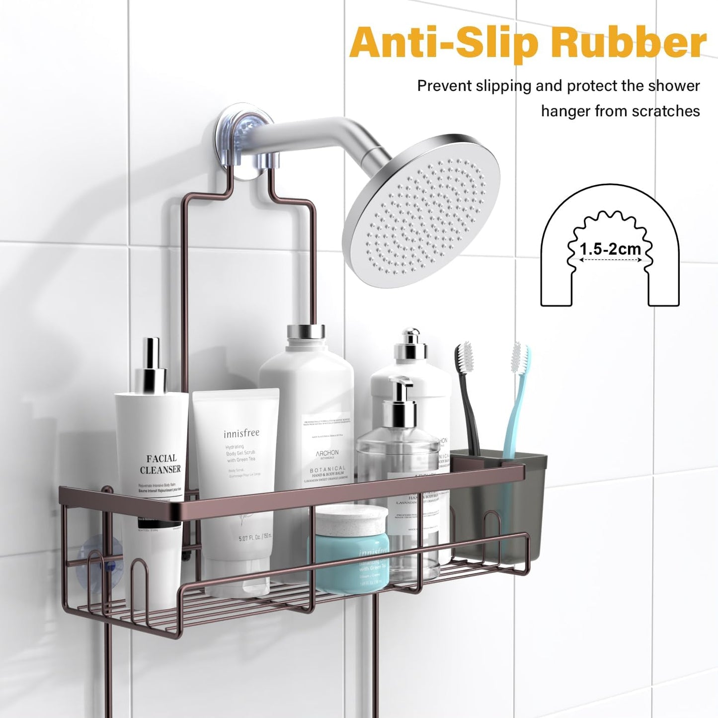 AKTECKE Shower Caddy | Rustproof Hanging Bathroom Organizer - No Drilling, Over Showerhead - Bronze