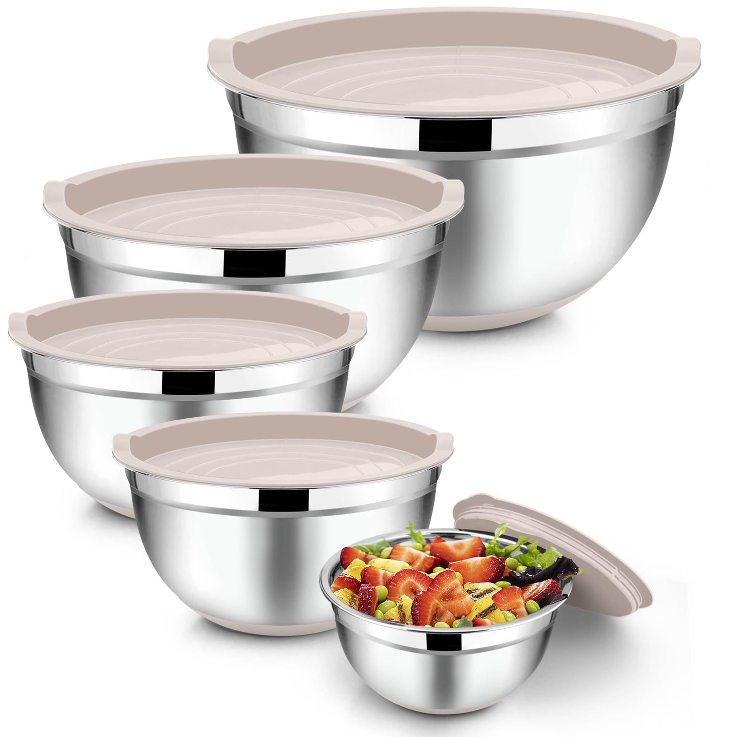 TeamFar Khaki Mixing Bowls, Stainless Steel Metal Nesting Salad Bowls with Airtight Lids Set of 5, Healthy & Heavy Duty, Non-slip Bottom & Airtight Lid, 7/3.5/2.5/1.5/1 QT