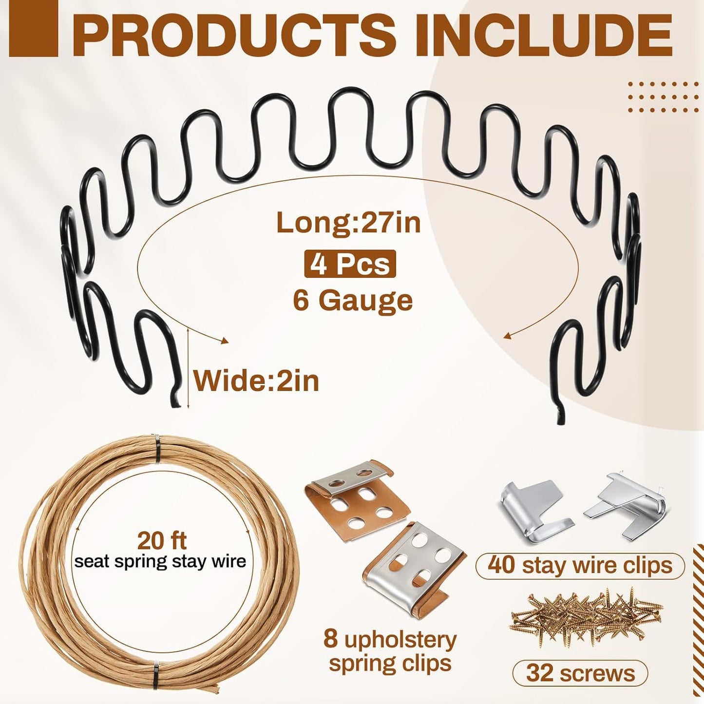 MorningRo 27'' Couch Upholstery Spring Repair Kit - 8 Heavy-Duty Springs & 16 Clips for Sagging Cushions