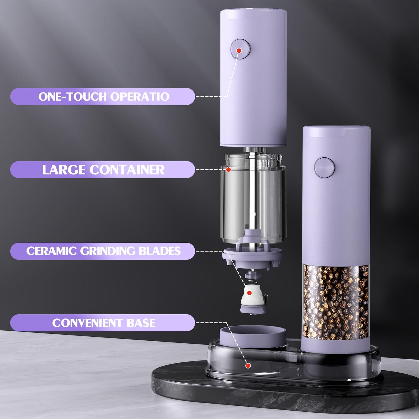 1 Pack Salt and Pepper Grinder- Gifts for Women Automatic Battery Purple Pepper Mill Shakers Kitchen Accessories Cooking for Mom, Adjustable Coarseness Salt Pepper Shakers