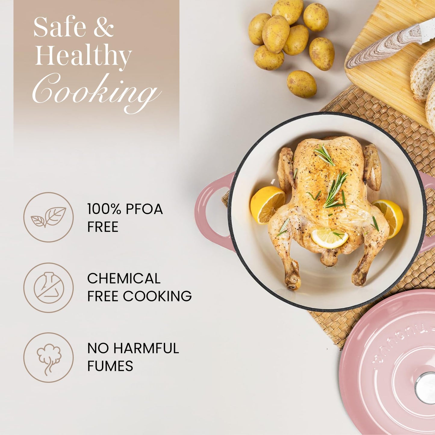 Nuovva Enamelled Cast Iron Dutch Oven Pot with Lid 6.4 Quart Non Stick Casserole Pot – Heavy Duty & Oven Safe up to 500° F for Bread Baking, Braising, Stews, Roasting – 28cm Pink