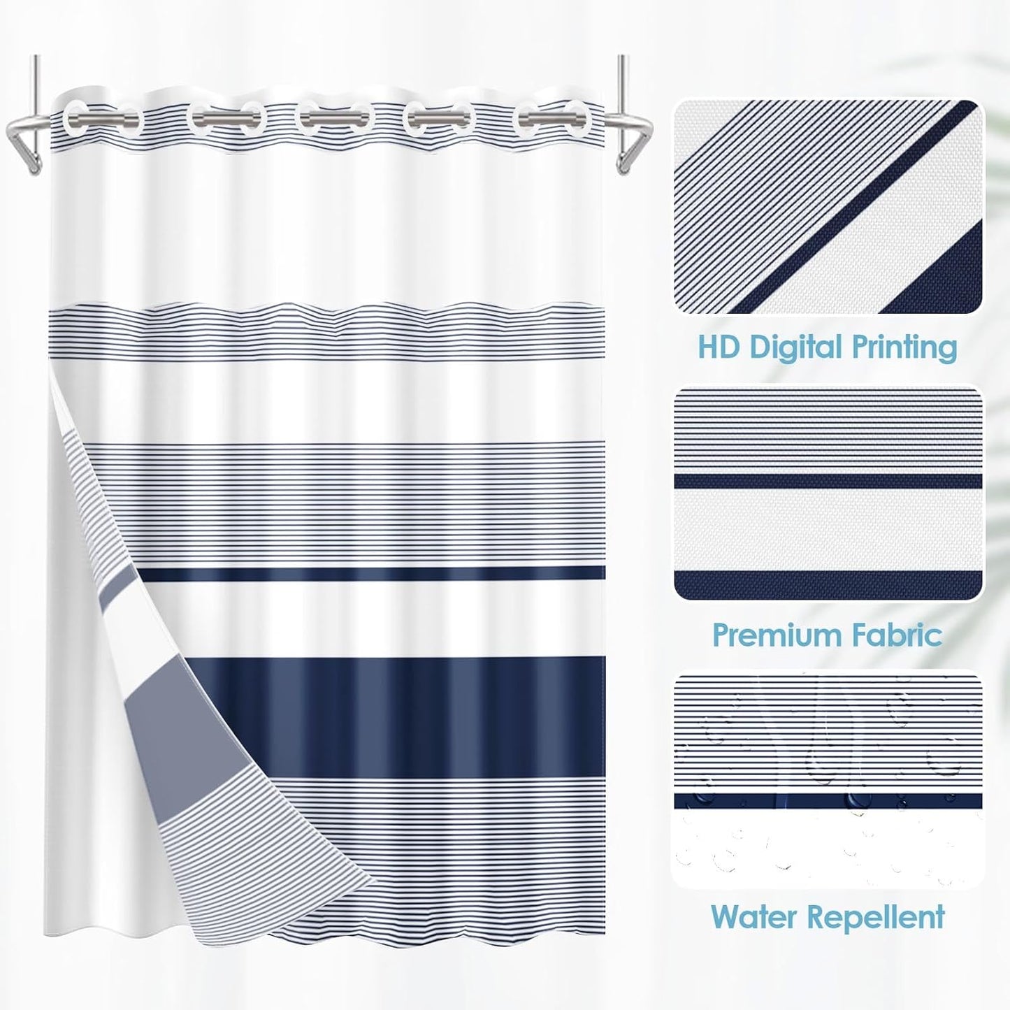 No Hook Navy Blue Shower Curtain - Boho Striped Waterproof Fabric with Snap-In Liner | 71x74 Inch