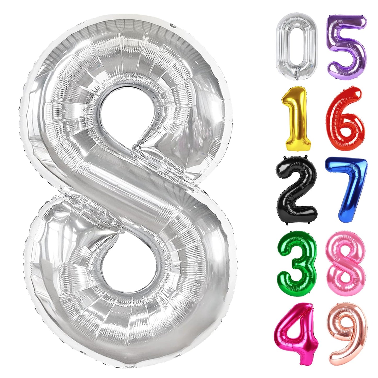 Silver Number 8 Balloon 40 Inch, 8th Birthday Party Decorations for Children, Giant 8 Foil Balloon for Party Supplies