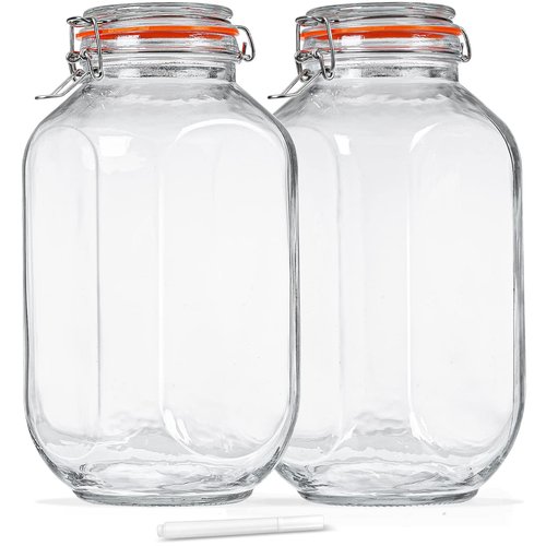 1 Gallon Square Glass Storage Jars with Airtight Lids, 2 Pack Large Glass Pickle Jars for Fermenting, Clear Glass Canister for Flour, Cookie, Candy, Kombucha, Sun tea(Extra Labels and Gasket)