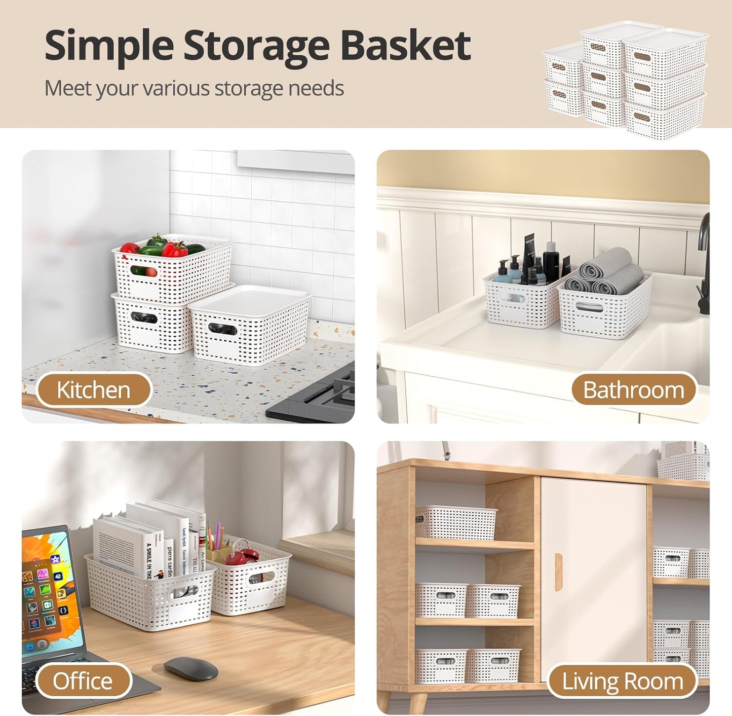 Skiennix Plastic Storage Basket - Stackable Organizing Bins with Lid | 8 Pack, 10.2x7.2x4.1 Inch, White