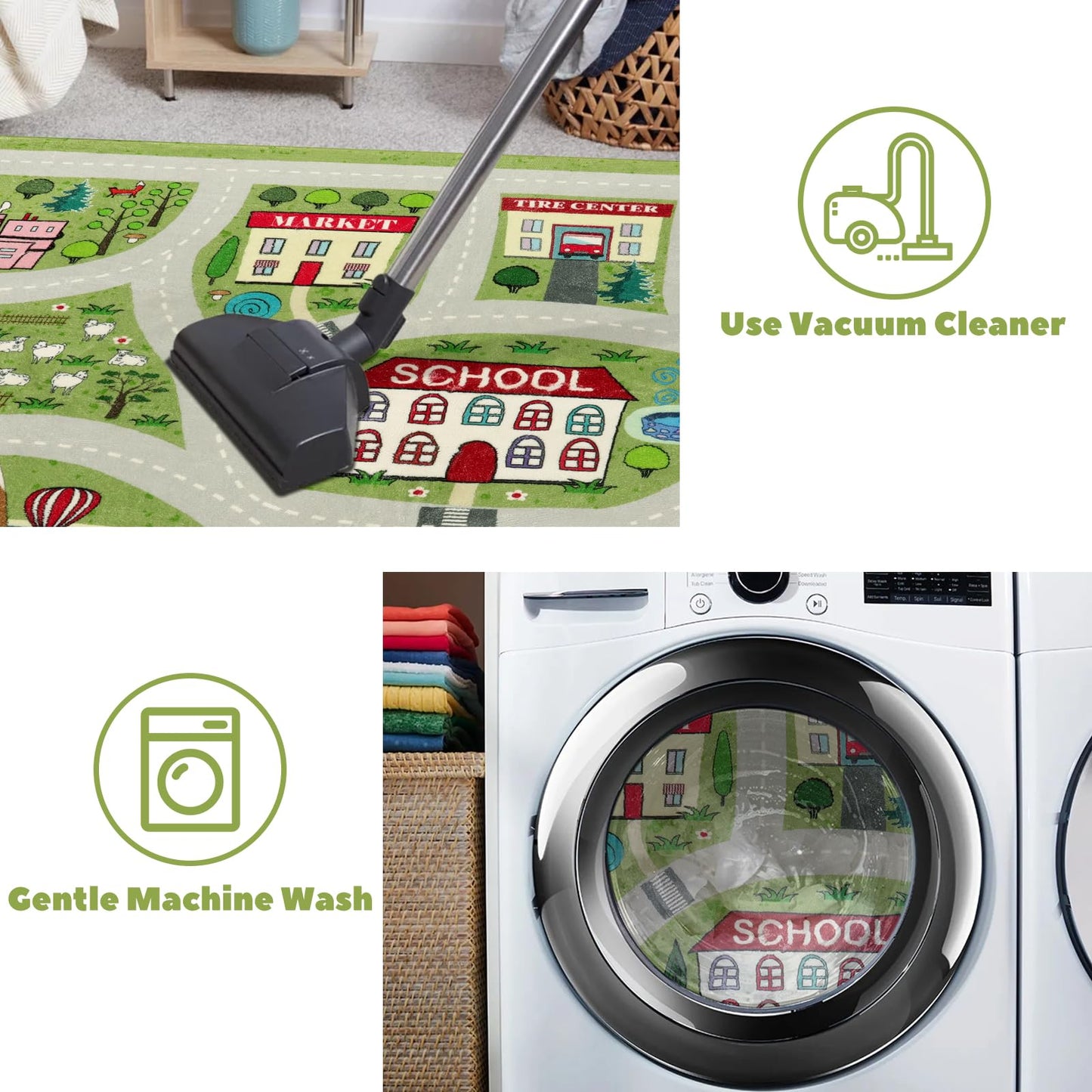 LIVEBOX Green Washable Playroom Rug, 4'x6' Non-Slip Soft Car Rug for Boys Room, Baby Nursery, Kids Floor Mats for Boys Girls Dorm Toy Room Tent