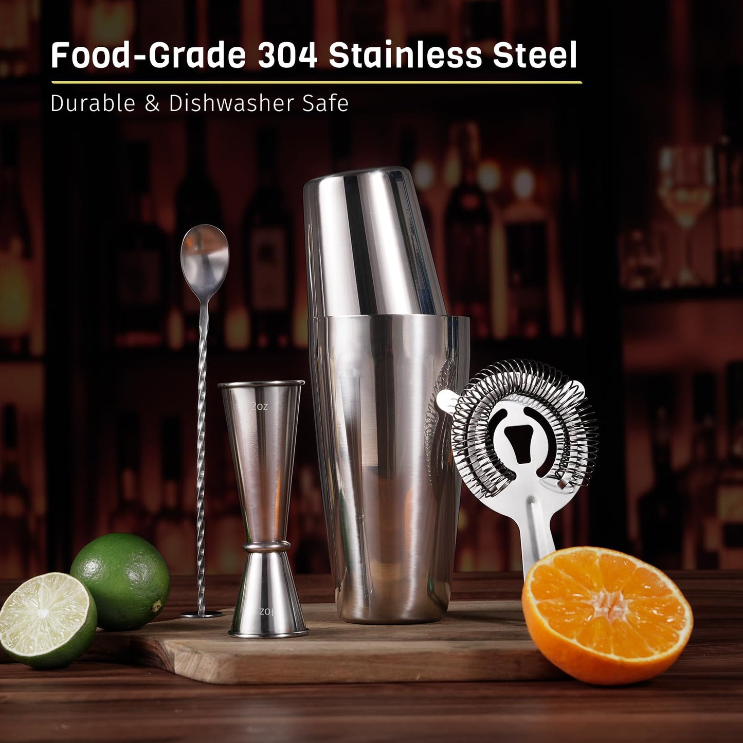 Nexsujo Boston Cocktail Shaker Set, 4-Piece Bar Tools Set, Professional Bar Set with Boston Shaker, Bar Spoon, Jigger, Hawthorne Strainer, Stainless Steel, Dishwasher Safe, Ideal Bartender Kit for Bar