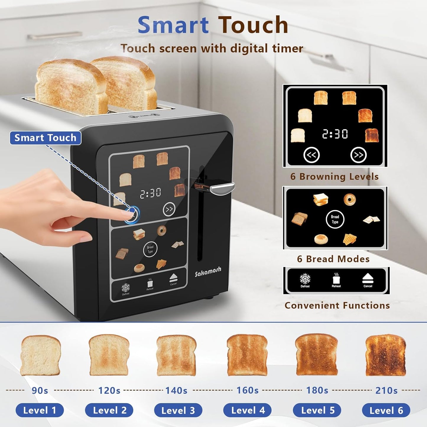 SAKAMOSH 2-Slice Toaster - Smart Digital Display with 6 Browning Levels & 1.3" Wide Slots - Stainless Steel, 800W