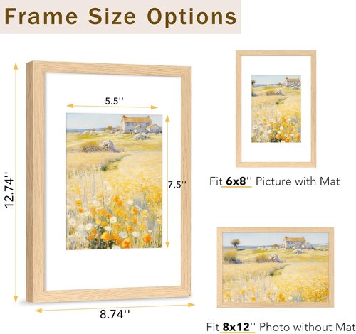 JCJMY 8x12 Solid Wood Picture Frame - Display 6x8 with Mat or 8x12 Without Mat, Natural Finish