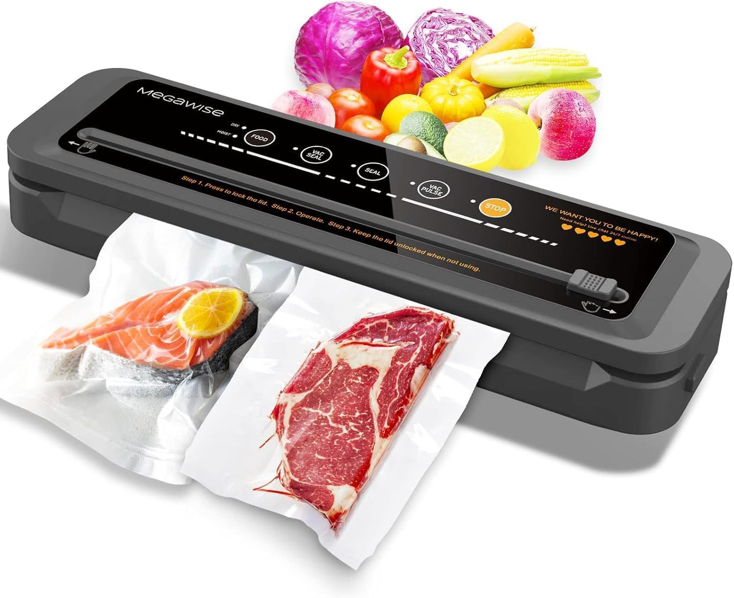 MegaWise Vacuum Sealer Machine - Compact One-Touch Food Sealer with 80kPa Suction Power | Bags & Cutter Included