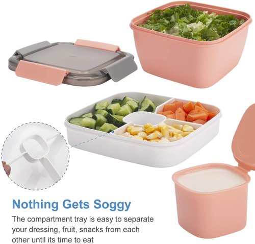 Freshmage Salad Lunch Containers - 2 Pack 52-Oz Bowls with 3 Compartments & Dressing Containers - Pink & Green