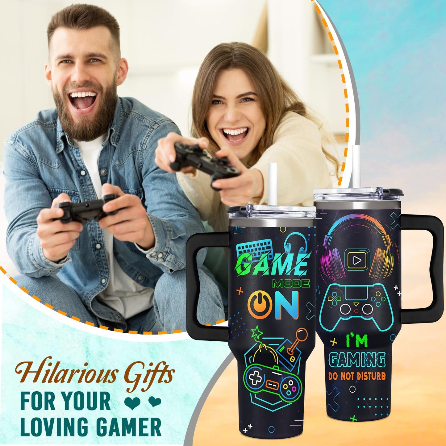 Gamer Gifts for Men from Daughter, Son, Kids, Wife - 40oz Game Tumbler With Handle and straw for Father's Day, Christmas, Birthday, Valentines Day - 40 oz Stainless Steel Tumbler for Gaming Men