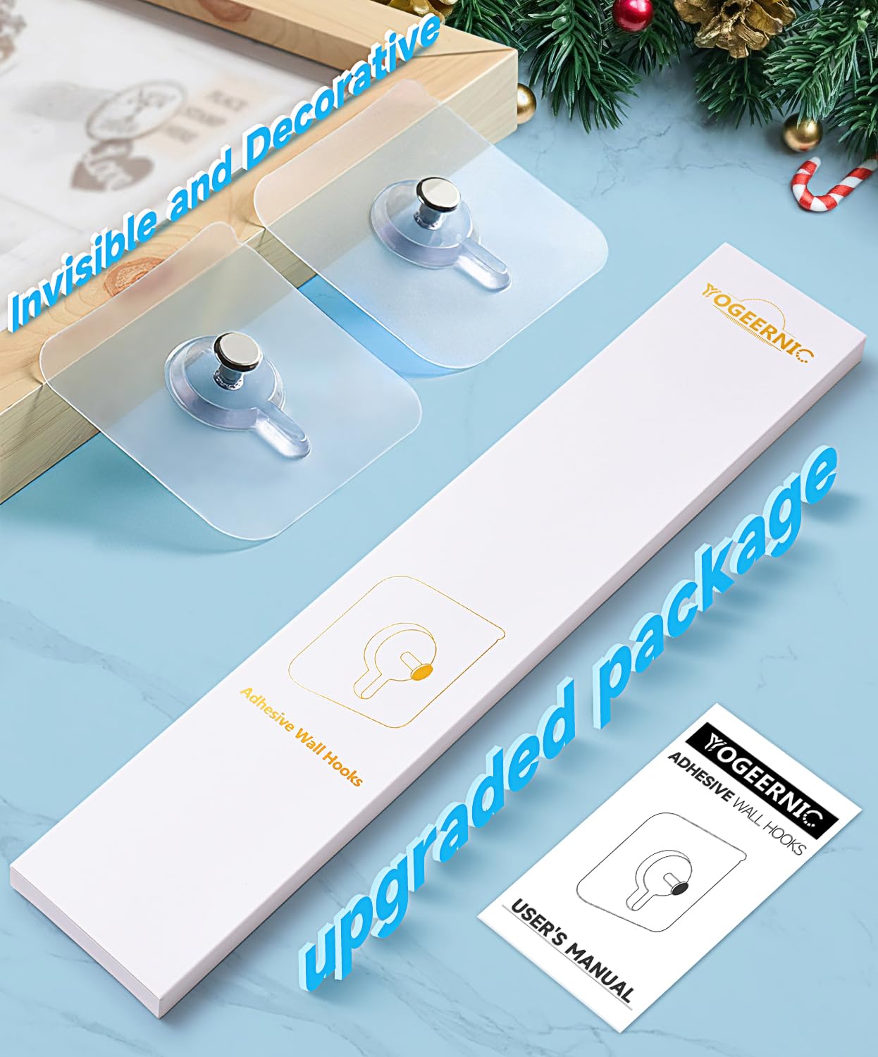 YOGEERNIC Adhesive Hooks for Wall(13lb Max), Wall Hangers Without Nails for Photos Frames, Utility Waterproof and Oil Resistant Hooks for Kitchen, Bathroom, Home and Office -10 Pack