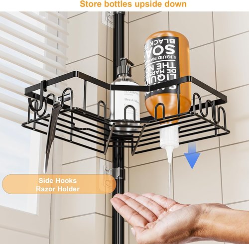 Corner Shower Caddy Tension Pole | 4-Tier Adjustable Bathtub Organizer - Space-Saving Black Design, 34in-120in